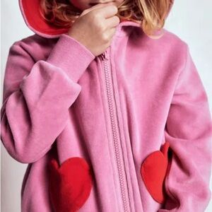 Boden Velour Hoodie Zipper Sweatshirt Formica Pink Red Heart Pockets Girls 8/9